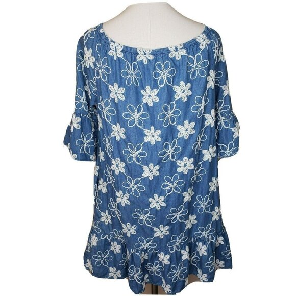 Womens Chambray Dress Daisies Mini Shift Floral Embroidered Peasant Pockets M - Picture 5 of 9